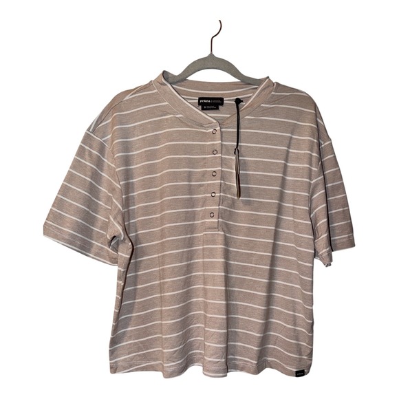 Prana Tops - Prana Soul Searcher Tan Striped Short Sleeve Henley, Medium